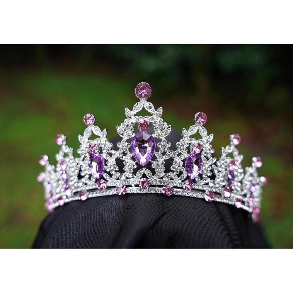 Pink and Purple Crystal Tiara Silver Bridal Crown Birthday Wedding Gift Diadem